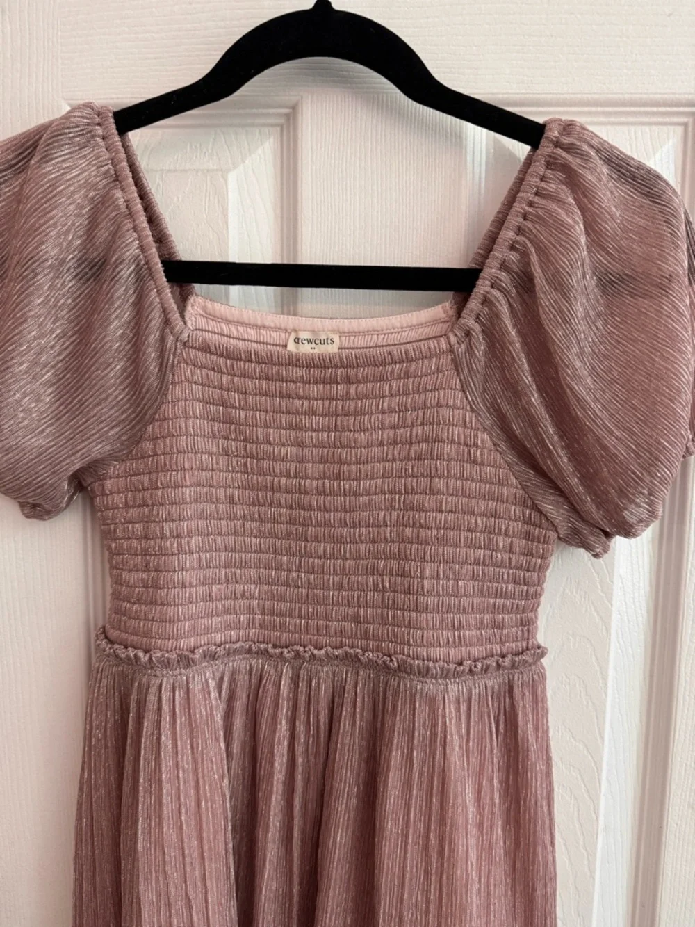 CREWCUTS • J CREW Shimmer Puff Sleeve Smocked Dress Pink Metallic Girls Size 10
